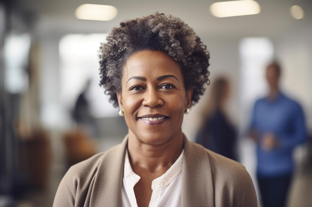 Rijpe slimme Afro-Amerikaanse zakenvrouw lachend gezicht staande in wazige achtergrond van druk kantoor Generatieve AI AIG20