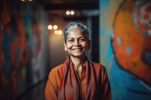 Rijpe slimme Indiase zakenvrouw lachend gezicht staande in wazige achtergrond van creatief kleurrijk kantoorinterieurontwerp Generatieve AI AIG20