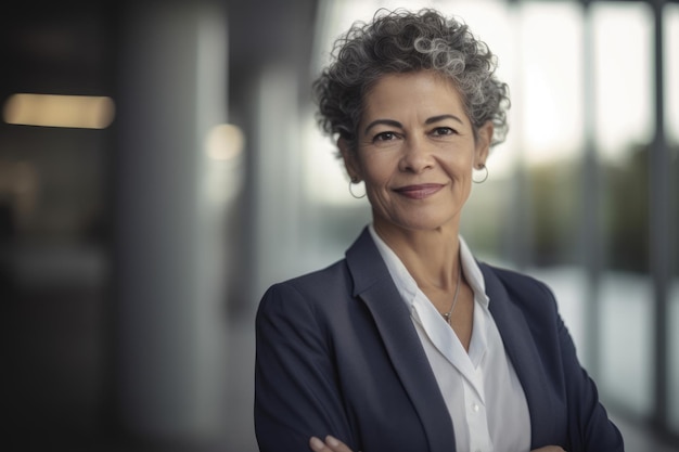 Rijpe slimme Spaanse zakenvrouw lachend gezicht staande in wazige achtergrond van modern kantoorgebouw Generative AI AIG20