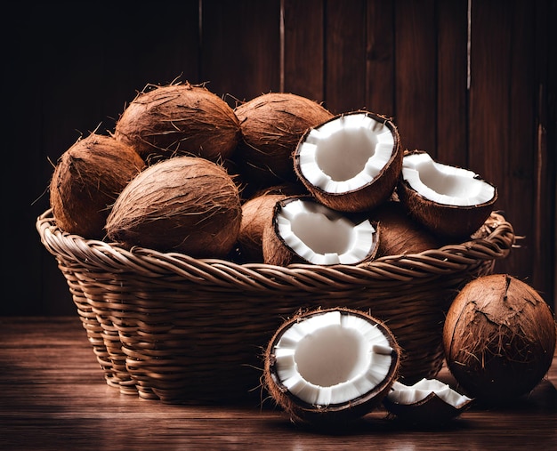 Rijpe smakelijke kokosnoten in een overvolle mand