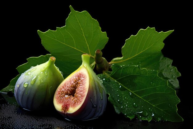 Rijpe smakelijke vijgen met groene bladeren