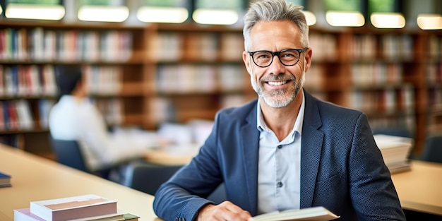 Rijpe student met laptop in de bibliotheek