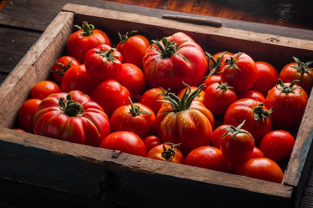 Rijpe tomaten in een houten kist Verse groenten op een zwarte houten achtergrond