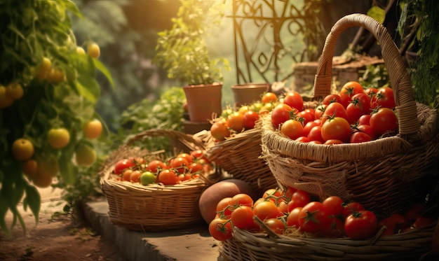 Rijpe tomaten in manden op het erf Gemaakt met behulp van generatieve AI-tools