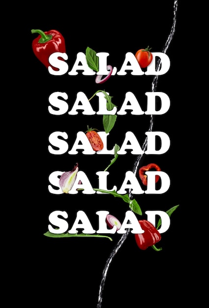 Rijpe tomaten rode paprika ui groene basilicum en rucola bladeren inscriptie salade door witte kleur ...