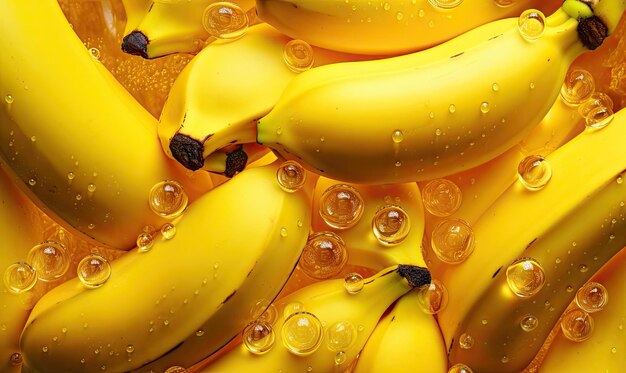 Rijpe trosbananen met glinsterende druppels op een levendige gele achtergrond De compositie straalt frisheid uit, ideaal voor gezondheidsculinaire en tropische thema's Gemaakt met generatieve AI-tools