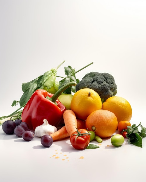 Rijpe verse groenten en fruit in een stapel Gezonde levensstijl en voeding Witte achtergrond Generatieve AI
