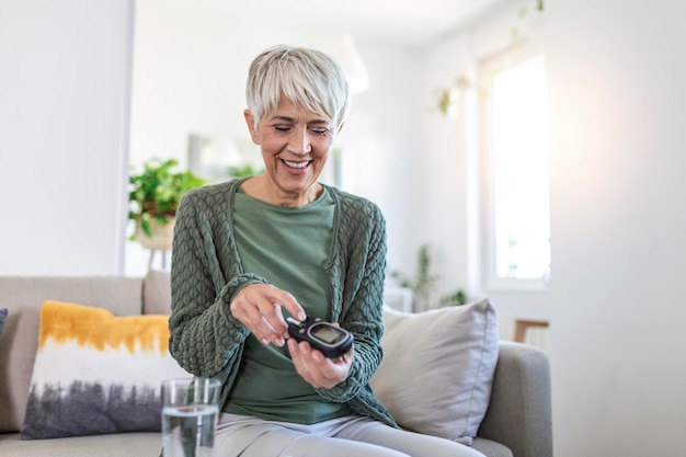 Rijpe vrouw die met glucometer bloedsuikerspiegel thuis controleert. Diabetes, zorgconcept