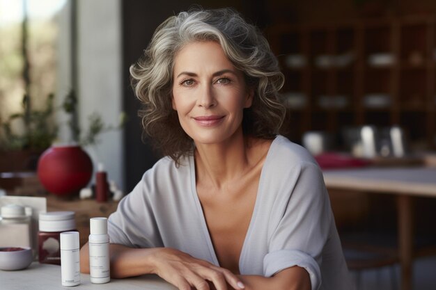 Rijpe vrouw die naar de camera kijkt terwijl ze aan tafel zit met cosmetische producten