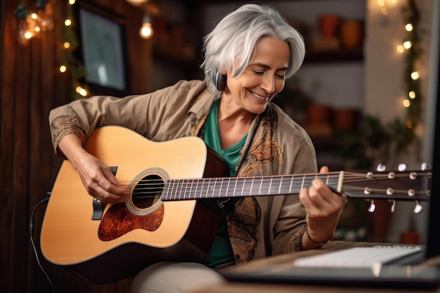 Rijpe vrouw die online akoestische gitaar leert spelen Generatieve AI