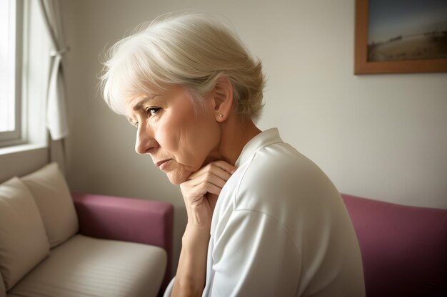 Rijpe vrouw die op de bank zit en zich verdrietig en alleen voelt Verstoorde bejaarde vrouw uit de jaren 70 heeft hoofdpijn terwijl ze thuis in de woonkamer is