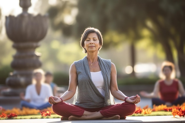 Rijpe vrouw die yoga en meditatie buiten AI beoefent gegenereerd
