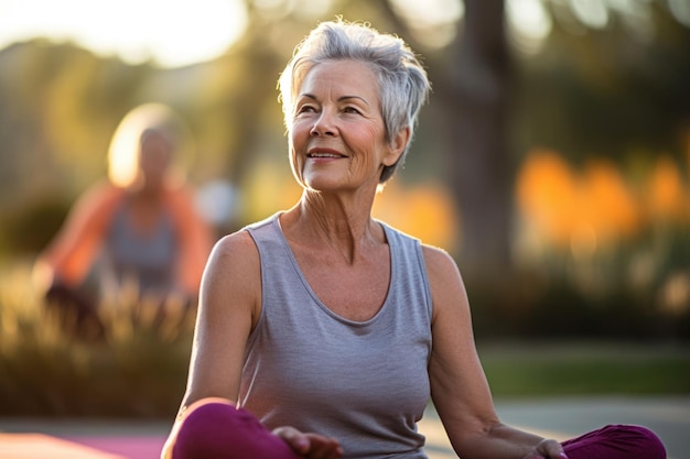 Rijpe vrouw die yoga en meditatie buiten AI beoefent gegenereerd