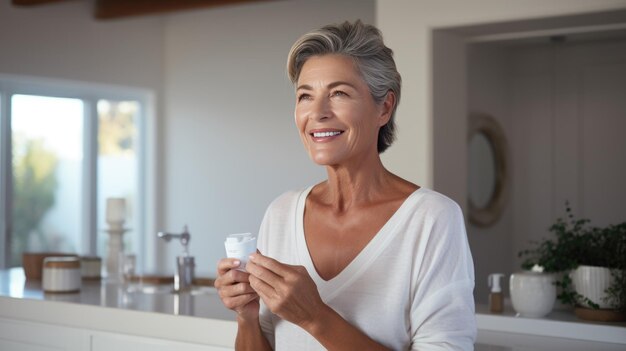 Rijpe vrouw houdt pot met cosmetische crème Aantrekkelijke vrouw met perfecte huid op badkamer achtergrond