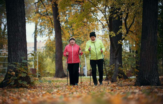 Rijpe vrouwen in kleurrijke jassen die in een herfstpark lopen tijdens een scandinavische wandeling