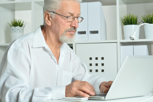 Rijpe zakenman die met laptop in bureau werkt