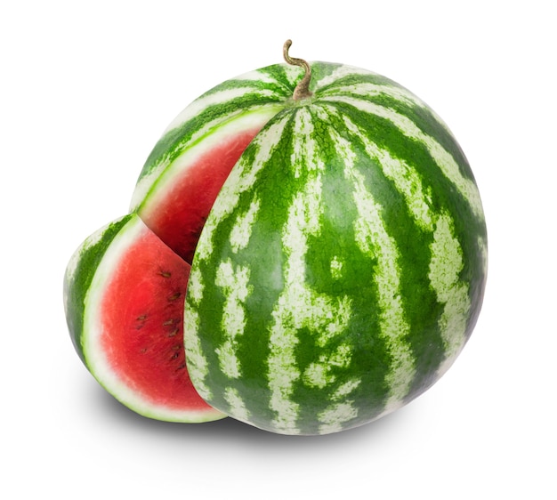Rijpe zoete sappige watermeloen en watermeloen plakjes geïsoleerd