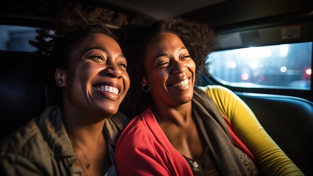 Rijpe zwarte twee vrouwen glimlachen op de taxi-auto