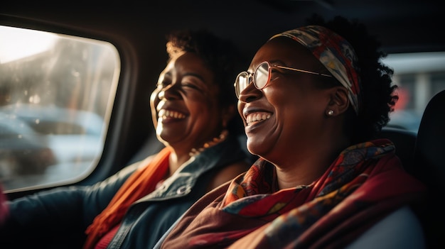 Rijpe zwarte twee vrouwen glimlachen op de taxi-auto