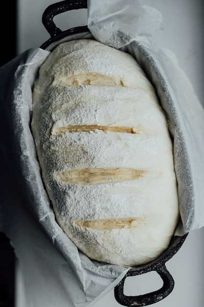 Rijsbrood Rauw deeg in een rijskom zelfgemaakt brood van wilde gist