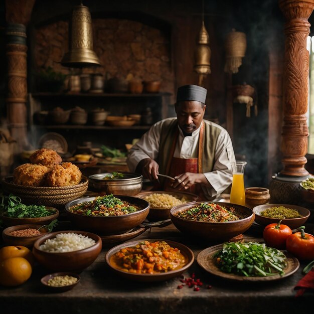 Rijst eten Aloo Posto Dall Uien Pakora Salade ai generatief beeld