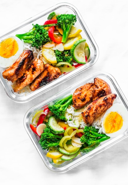 Rijst gestoofde groenten ei teriyaki kip gezonde evenwichtige lunchbox op een lichte achtergrond