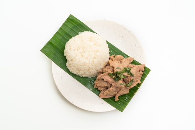 rijst met gegrilde varkensvlees knoflook geïsoleerd op wit
