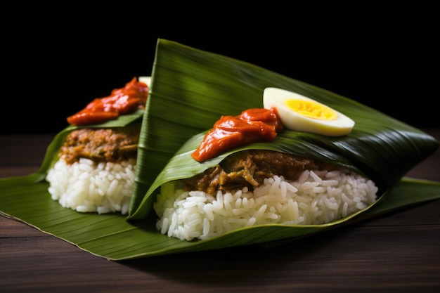 Rijst met kip en ei op bananenblad op houten tafel Nasi Lemak verpakt in bananenblad Maleisisch eten en Maleisië Vlag AI gegenereerd