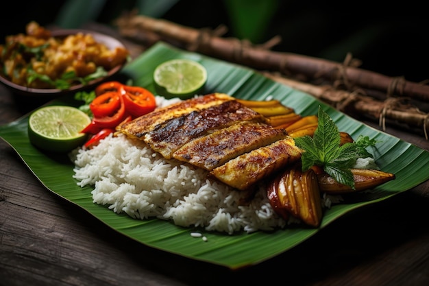 Rijst met vis en groenten op een bananenblad Kleurrijke traditionele Aziatische maaltijd op een bananblad Ai gegenereerd