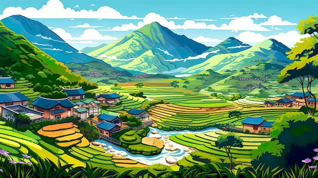 Rijstterrassen met abstracte achtergrond Opvallende banner met een illustratieve afbeelding van adembenemende rijstterrassen in een natuurlijke omgeving Generatieve AI