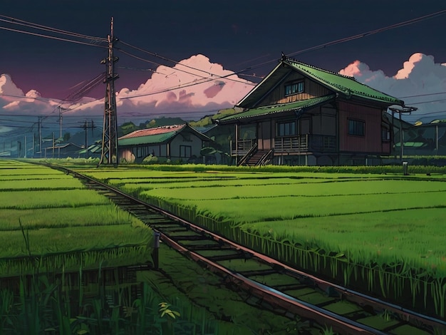 Rijstveld met huizen in het midden met treinsporen geschilderd in Studio Ghibli stijl gemaakt door AI