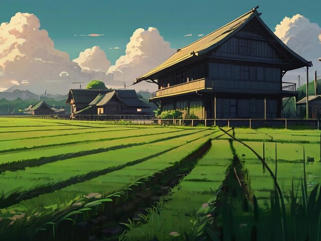 Rijstveld met huizen in het midden met treinsporen geschilderd in Studio Ghibli stijl gemaakt door AI