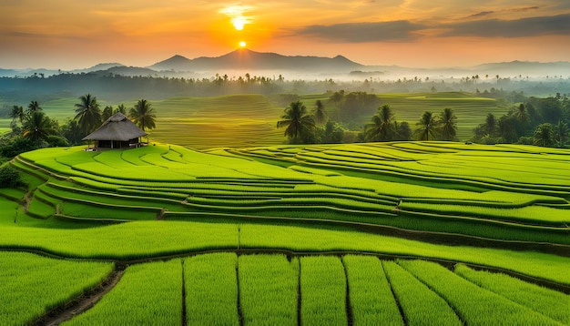 rijstvelden met een huis en bergen op de achtergrond
