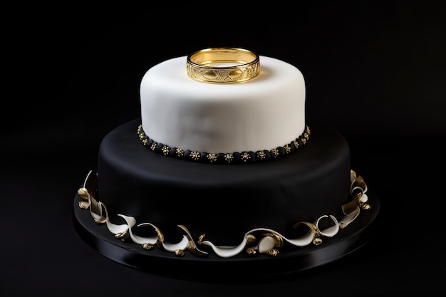 Foto torta ad anello su sfondo nero con accenti oro e bianco