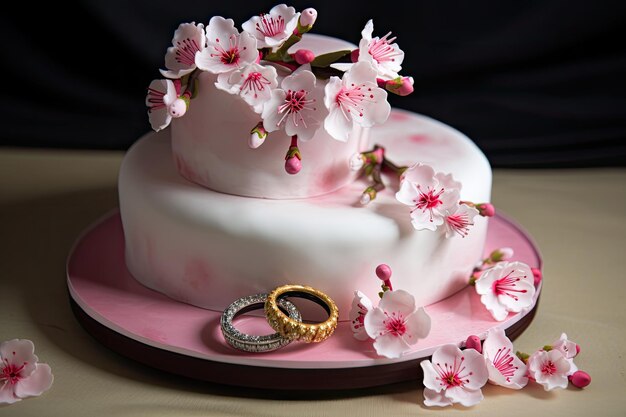 Photo ring cake with cherry blossoms and pink accents