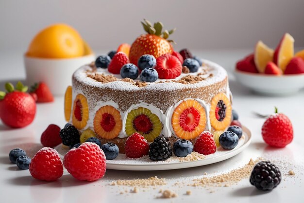 Ring cake with fruits and powder on a white table with white surface