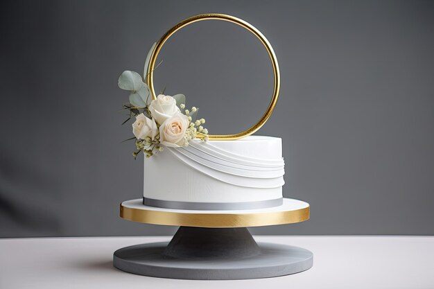 Ring cake with modern minimalist decor in silver and gold