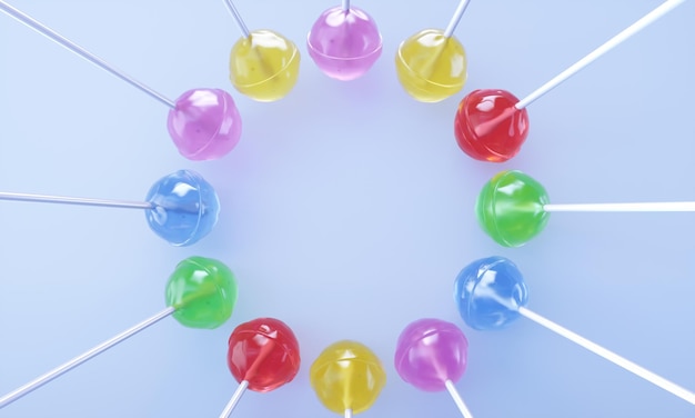 Ring of Colorful Sweet Lollipops on a Light Blue Studio Background Candy Concept 3D Rendering