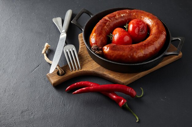 Ring of fried fatty pork sausage and grilled tomatoes on a black cast iron frying pan