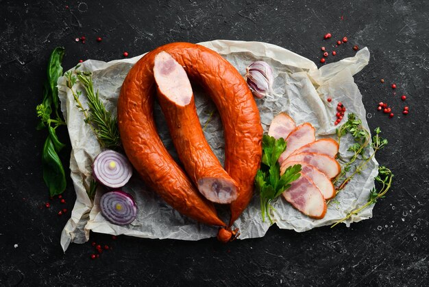 Ring smoked pork sausage Top view Free space for text