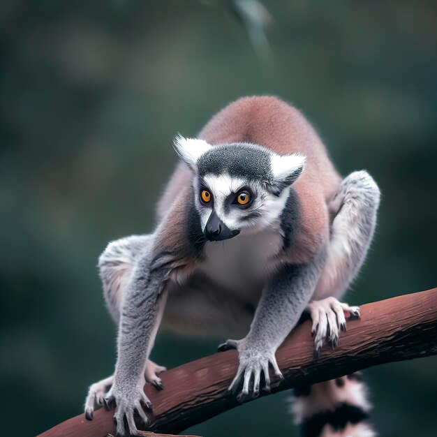 Ring tailed lemur sitting on branch staring