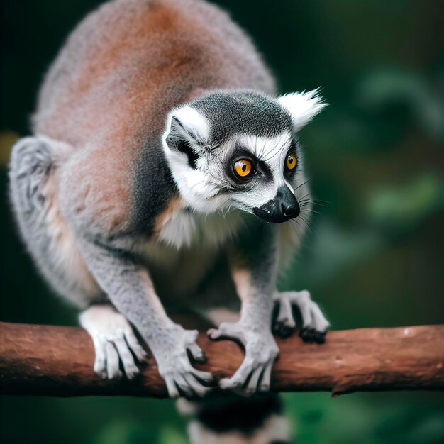 Ring tailed lemur sitting on branch staring