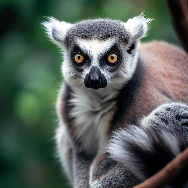 Ring tailed lemur sitting on branch staring