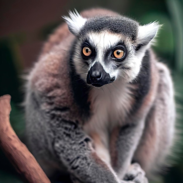 Ring tailed lemur sitting on branch staring