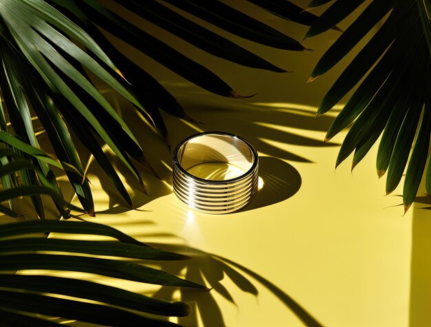 Photo a ring that is on a table with a palm leaf