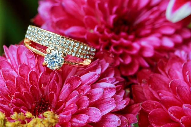 Ring valentines day love flowers diamond ring inside red taken closeup