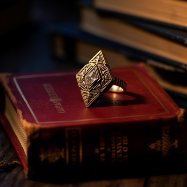 ring which must be most unique in art deco style placed on a book cinematic light vintage look