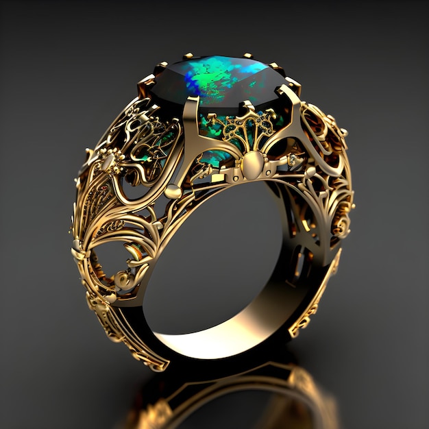 A ring with a black and green design on it