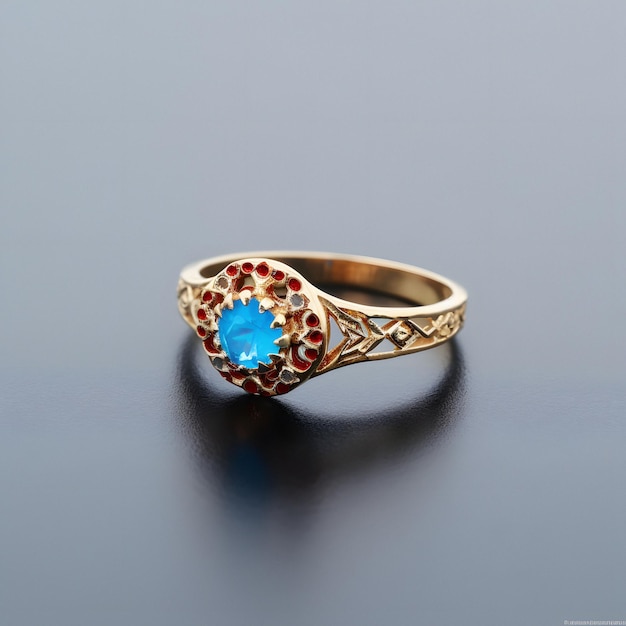 a ring with a blue diamond and a diamond on it