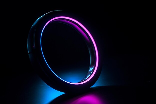 A ring with a blue and purple light on it